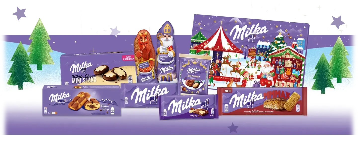 Produktübersicht weihnachtlicher Milka Produkte